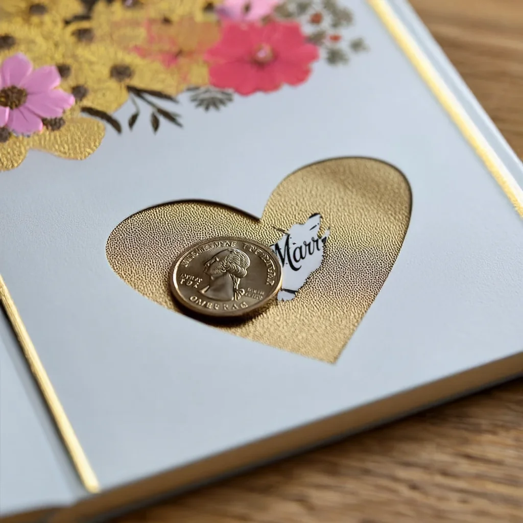 Romantic scratch-off card tucked in final pages with proposal message